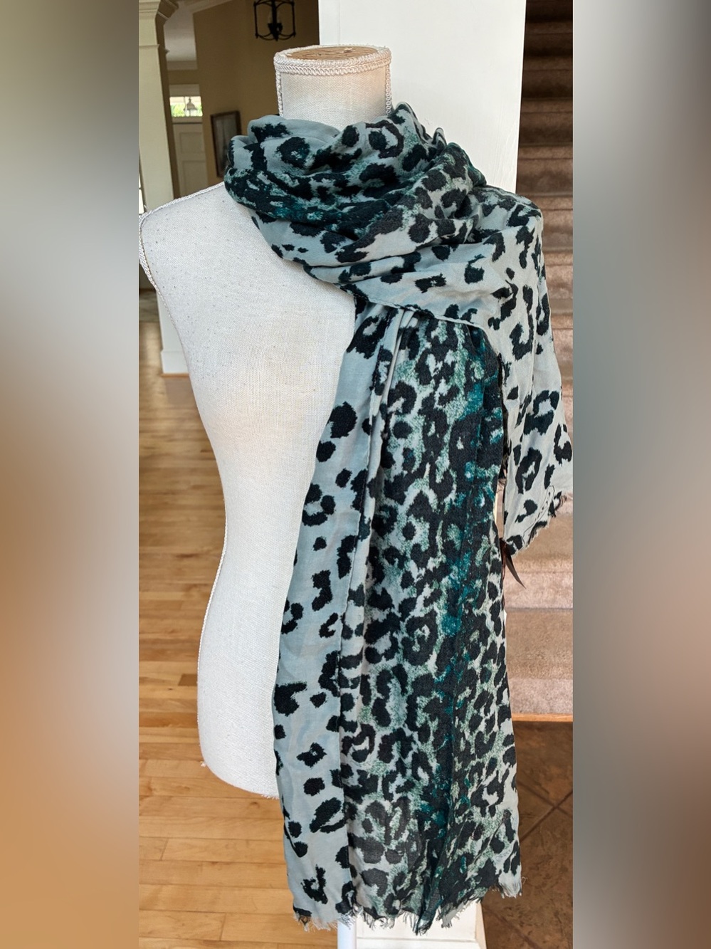 Coach Ocelot Teal and Light Green -Gray Leopard Print Scarf Wrap